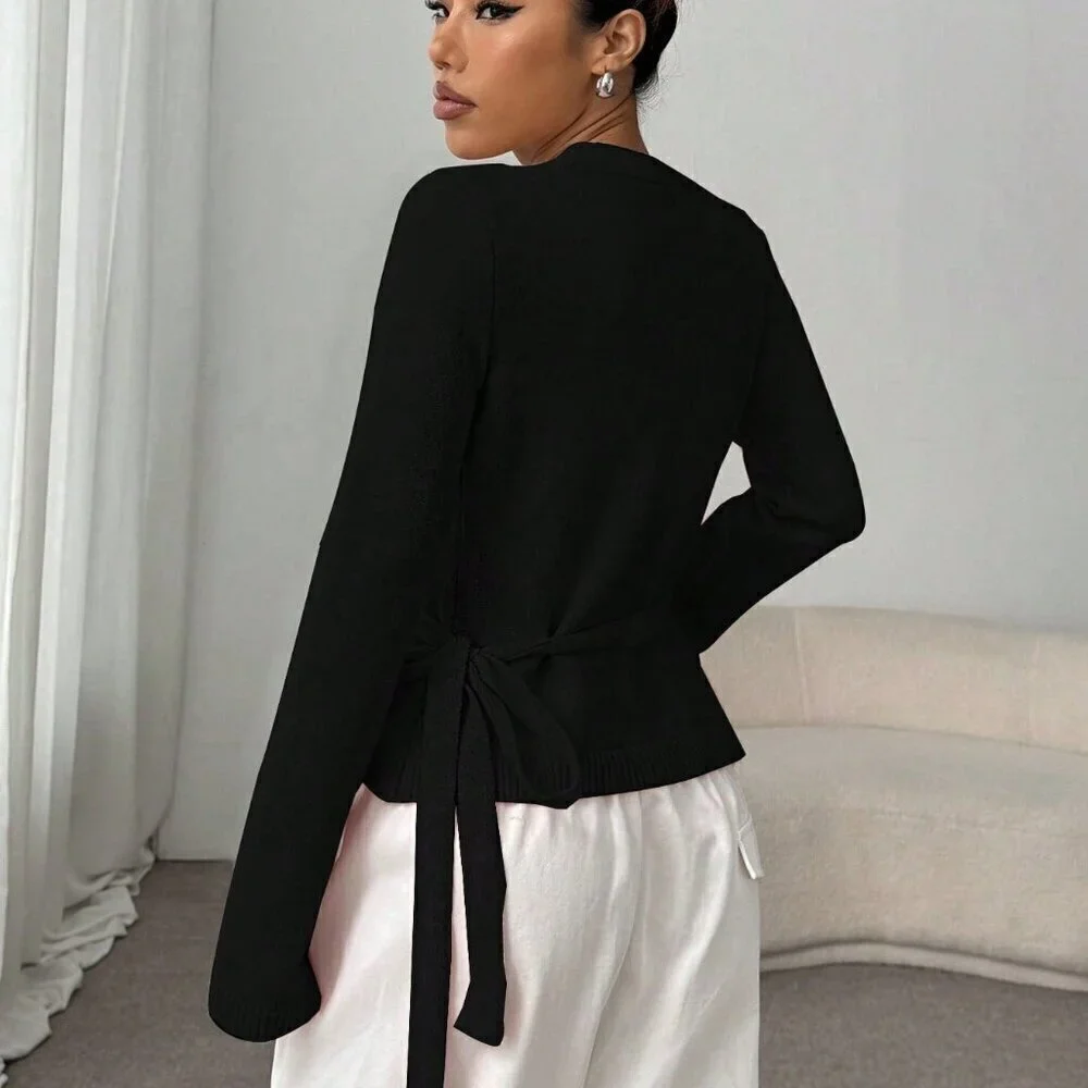 Black Casual Women's Lace-Up Loose Versatile knit Cardigan